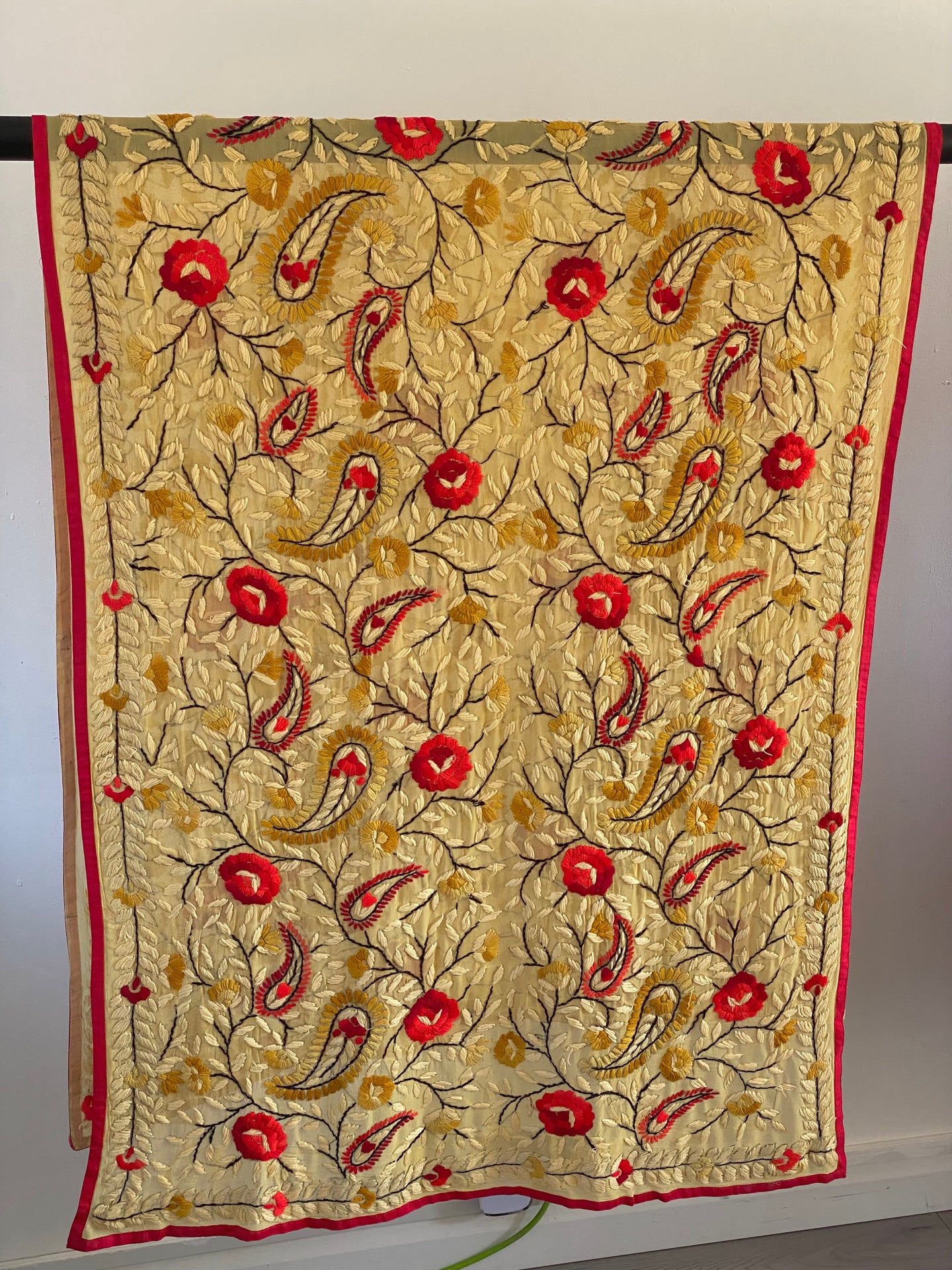 Pastel Yellow x Red Large Handmade Sheer Georgette Wrap / Throw - C002