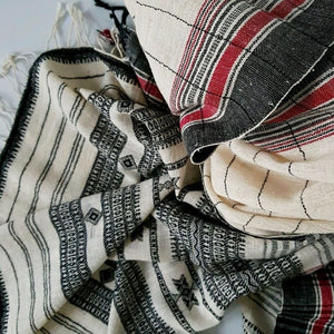 Handwoven Kutch Shawl Natural White Black & Red Organic Kala Cotton Shawl