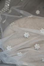 Load image into Gallery viewer, Fine embroidered Net Scarf White with Mirror Sequins &amp; Scalloped Edges
