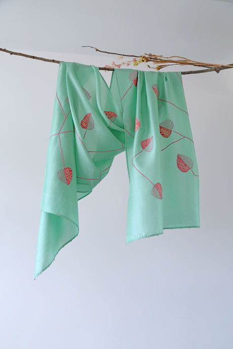 Sage x Pink Appliqué Bangalore Silk Scarf Itajime Hand Dyed