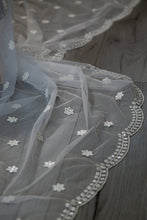 Load image into Gallery viewer, Fine embroidered Net Scarf White with Mirror Sequins &amp; Scalloped Edges