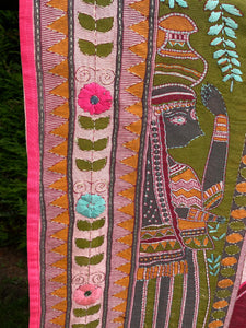 Pastel Pink Madhubani Style Handmade Chanderi Silk Shawl / Throw - B203
