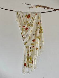 White Botanical Print Scarf | Indigenous Cotton | Handwoven & Naturally Dyed - 0020D-SY-HT