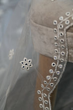 Load image into Gallery viewer, Fine embroidered Net Scarf White with Mirror Sequins &amp; Scalloped Edges