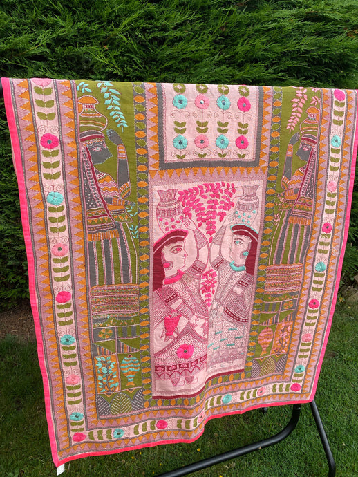 Pastel Pink Madhubani Style Handmade Chanderi Silk Shawl / Throw - B203