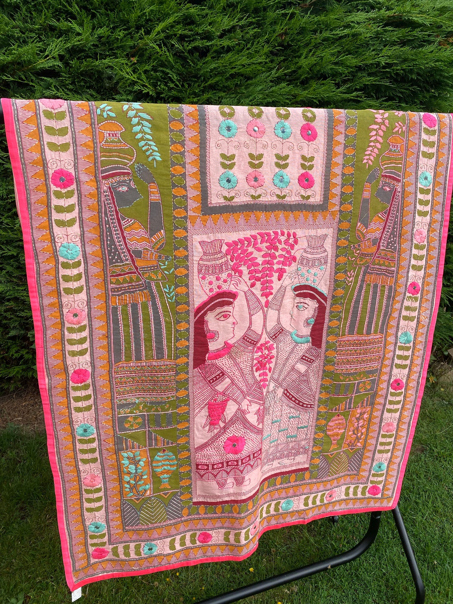 Pastel Pink Madhubani Style Handmade Chanderi Silk Shawl / Throw - B203