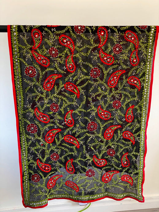 Black x Green Large Handmade Sheer Georgette Wrap / Throw - C010