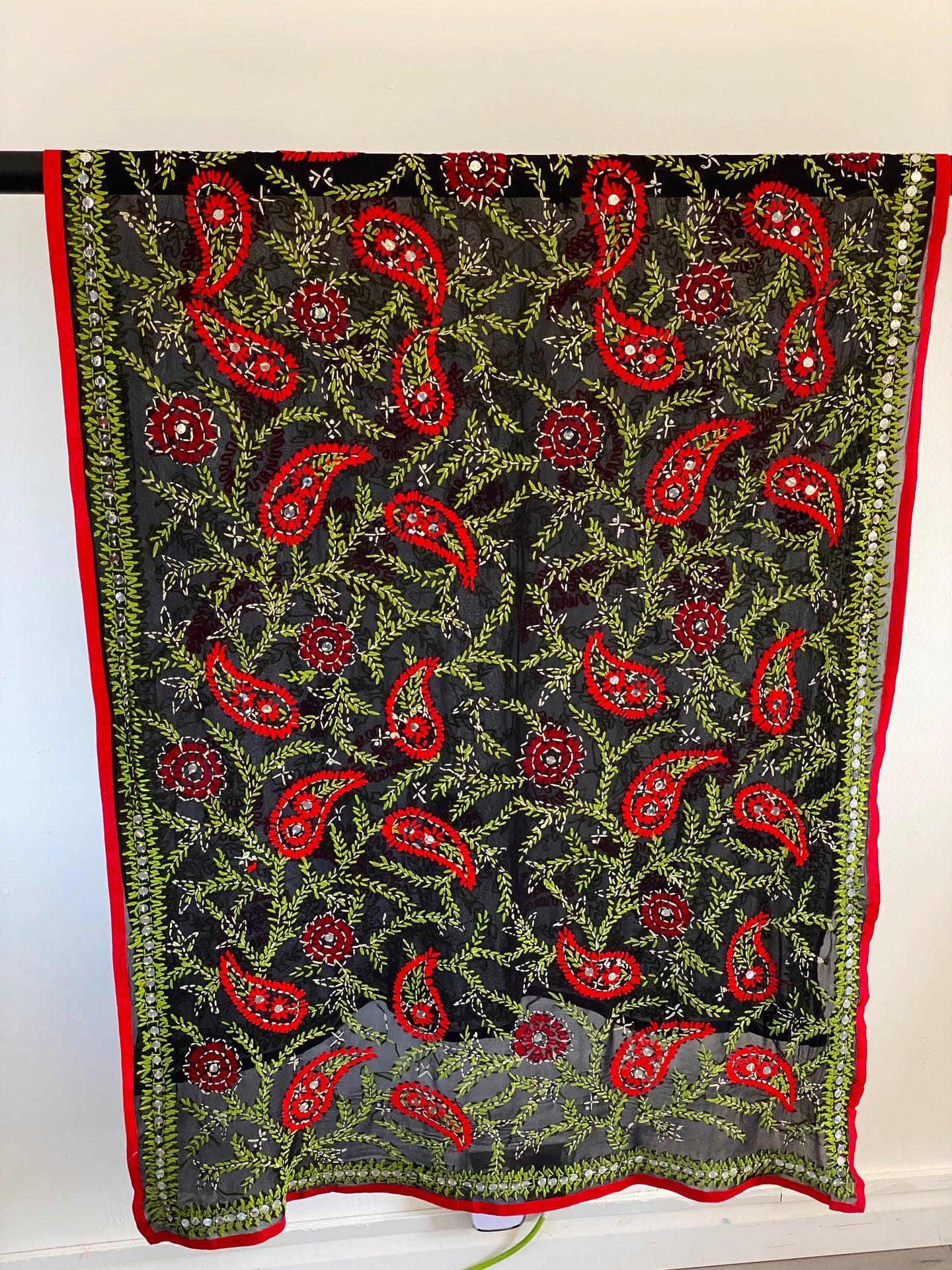 Black x Green Large Handmade Sheer Georgette Wrap / Throw - C010