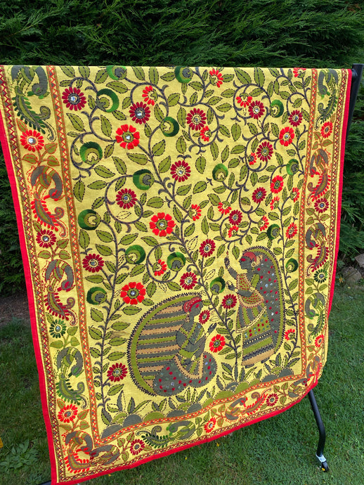 Yellow Madhubani Style Handmade Chanderi Silk Shawl / Throw - B195