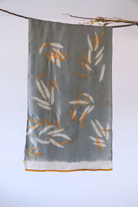 Moonlight Silver & Ochre Habutai Silk Scarf Shibori & Kantha Hand Dyed
