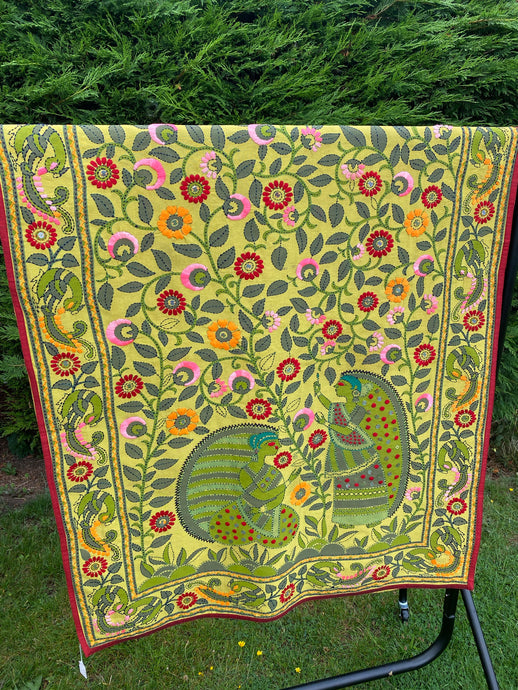 Leaf Green Madhubani Style Handmade Chanderi Silk Shawl / Throw - B204