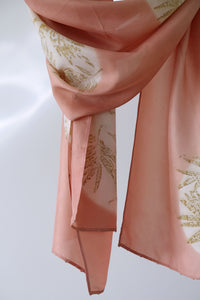 Manjistha Peach Botanical Print Habotai Silk Scarf Itajime Hand Dyed