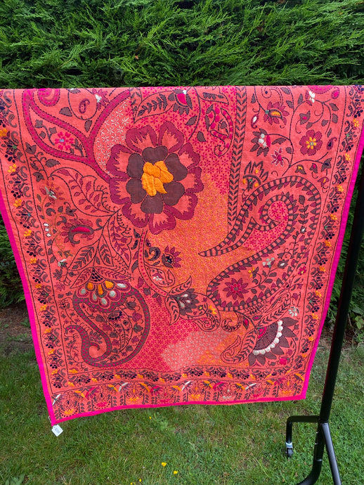 Red Fade Madhubani Style Handmade Chanderi Silk Shawl / Throw - B202