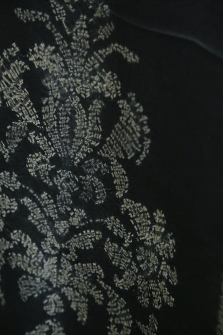 Charcoal Mughal Motif Satin Silk Scarf Shibori Hand Dyed