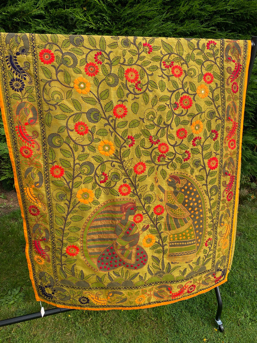Mustard Yellow Madhubani Style Handmade Chanderi Silk Shawl / Throw - B199