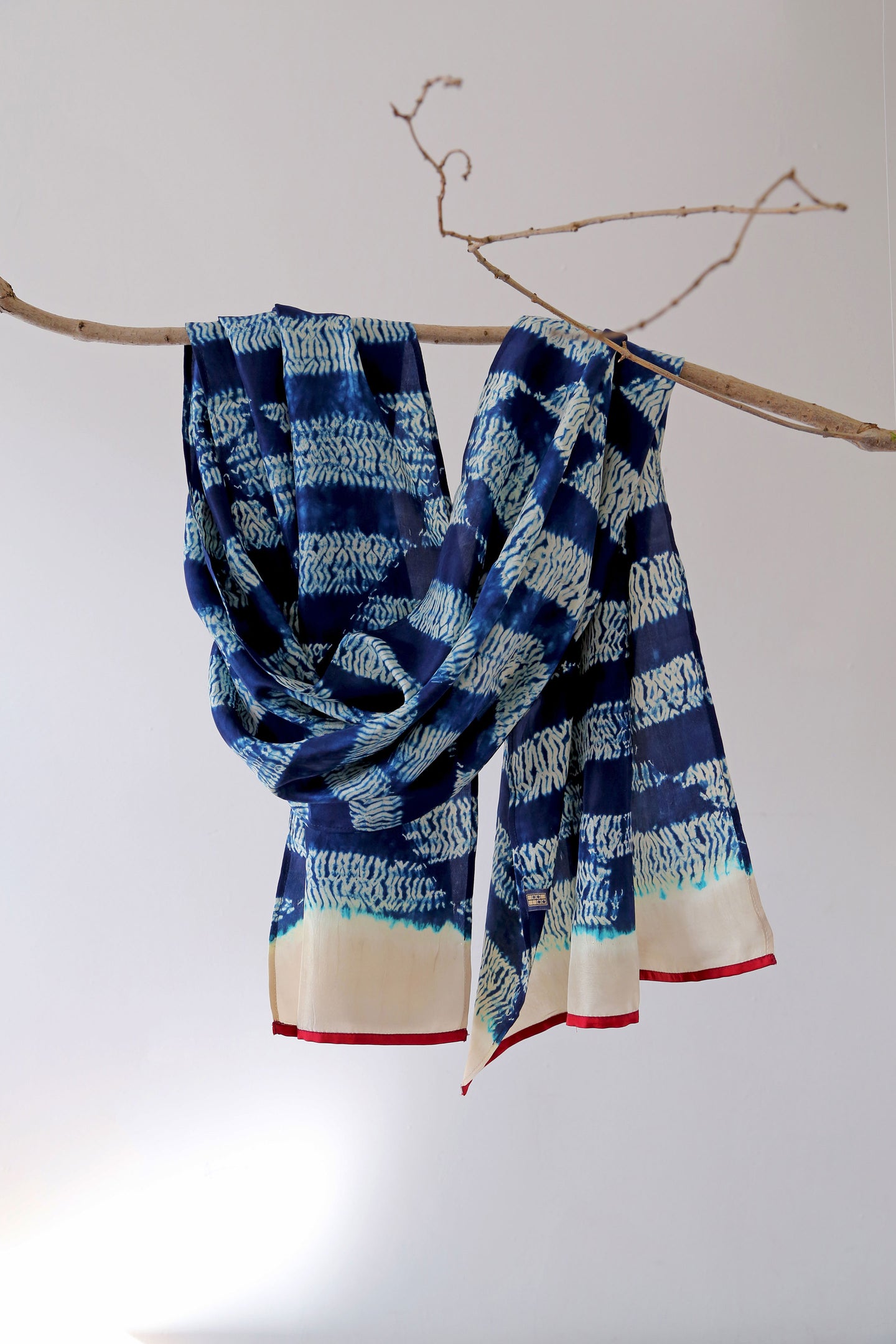 Indigo Chevron Shibori Habotai Silk Scarf Hand Dyed