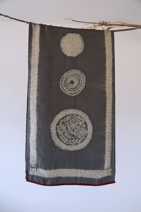 Zen Grey Circles Habotai Silk Scarf Shibori Hand Dyed