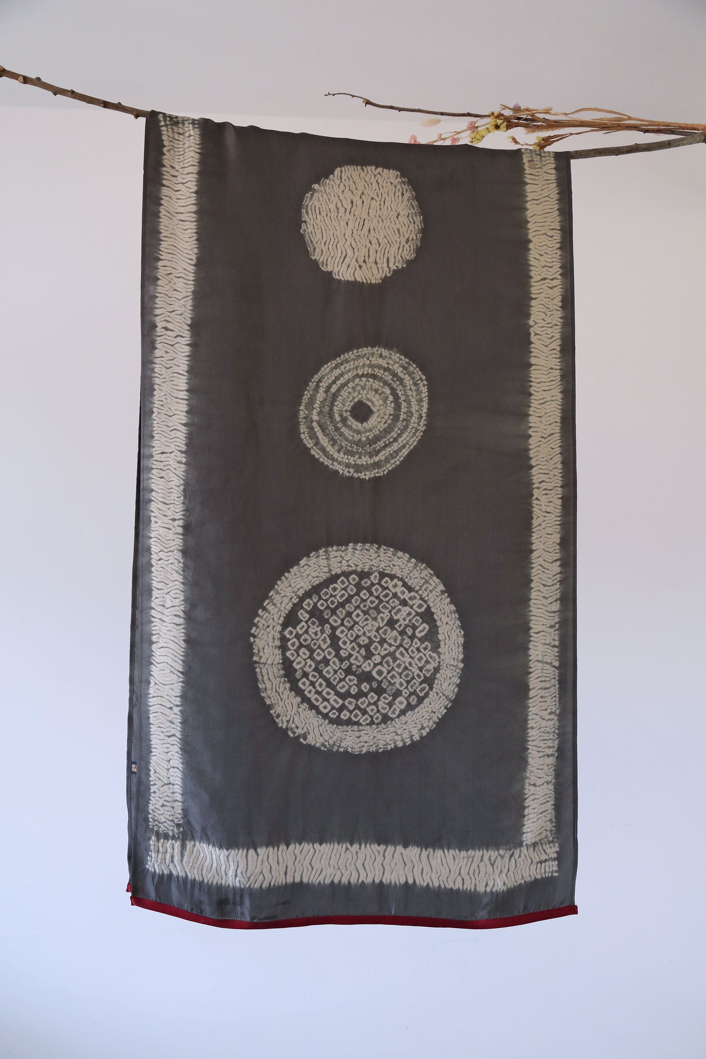 Zen Grey Circles Habotai Silk Scarf Shibori Hand Dyed