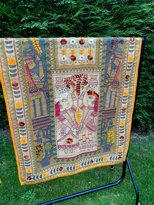 Camel Madhubani Style Handmade Chanderi Silk Shawl / Throw - B191