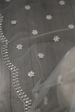 Load image into Gallery viewer, Fine embroidered Net Scarf White with Mirror Sequins &amp; Scalloped Edges