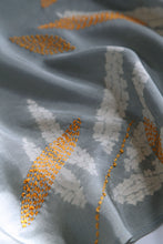 Load image into Gallery viewer, Moonlight Silver &amp; Ochre Habutai Silk Scarf Shibori &amp; Kantha Hand Dyed