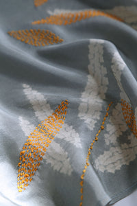 Moonlight Silver & Ochre Habutai Silk Scarf Shibori & Kantha Hand Dyed