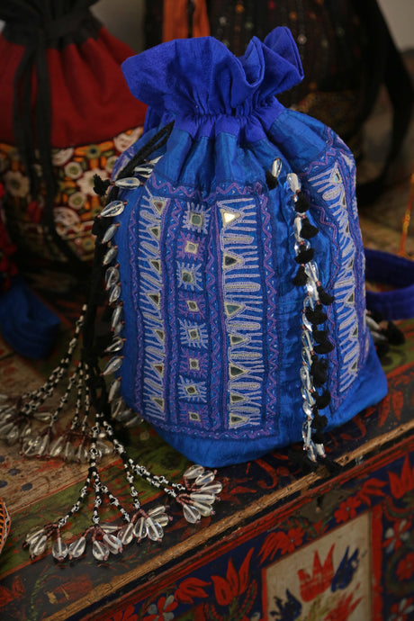 Large Rabari Tribal Bag in Blue Silk Hand Embroidered By Soniben Haja