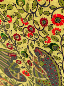 Yellow Madhubani Style Handmade Chanderi Silk Shawl / Throw - B195