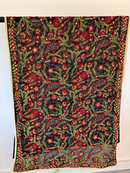 Black x Red Large Handmade Sheer Georgette Wrap / Throw - C025