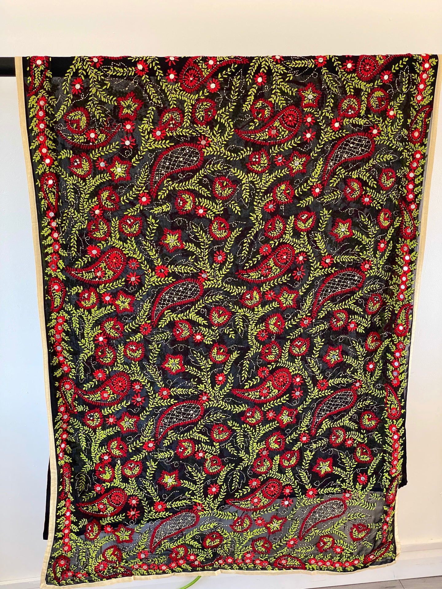 Black x Red Large Handmade Sheer Georgette Wrap / Throw - C025
