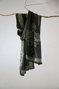Charcoal Mughal Motif Satin Silk Scarf Shibori Hand Dyed