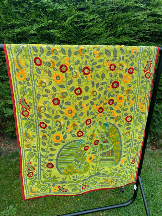 Leaf Green Madhubani Style Handmade Chanderi Cotton Shawl / Throw - B193
