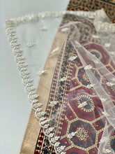 Load image into Gallery viewer, Fine embroidered Net Scarf White with Mirror Sequins &amp; Scalloped Edges