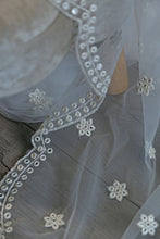 Load image into Gallery viewer, Fine embroidered Net Scarf White with Mirror Sequins &amp; Scalloped Edges