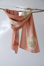 Load image into Gallery viewer, Manjistha Peach Botanical Print Habotai Silk Scarf Itajime Hand Dyed