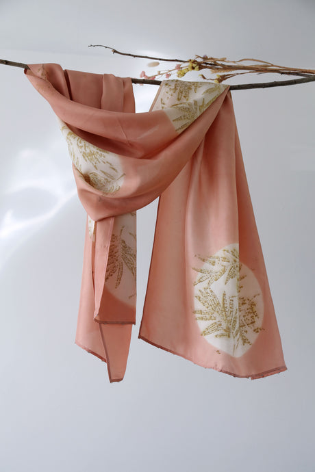 Manjistha Peach Botanical Print Habotai Silk Scarf Itajime Hand Dyed