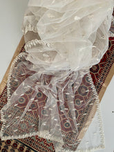 Load image into Gallery viewer, Fine embroidered Net Scarf White with Mirror Sequins &amp; Scalloped Edges