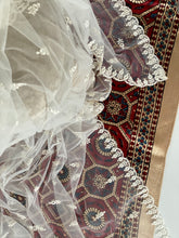 Load image into Gallery viewer, Fine embroidered Net Scarf White with Mirror Sequins &amp; Scalloped Edges