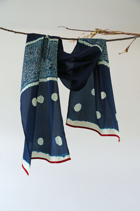 Deep Indigo Bangalore Silk Scarf Bandhani Hand Dyed