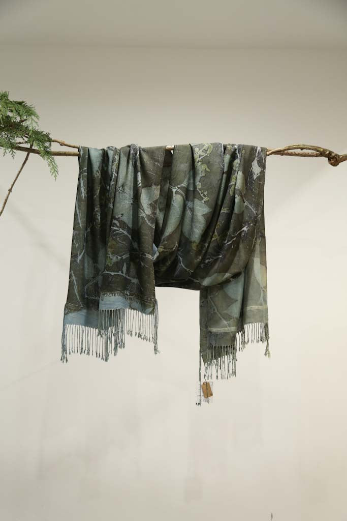 Forest Blue Botanical Print Scarf | Indigenous Cotton | Handwoven & Naturally Dyed - 0013B-SY-HT