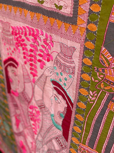 Pastel Pink Madhubani Style Handmade Chanderi Silk Shawl / Throw - B203