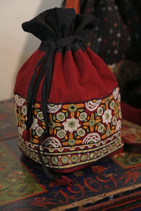 Pakko Tribal Bag in Maroon Cotton Hand Embroidered By Veerabai Dama